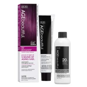 AGE beautiful Permanent Hair Color Dye Liqui Creme & Developer 20 Volume | 100% Gray Coverage | Anti-Aging | Biotin for Thicker, Fuller, Healthier Hair | 5V Medium Plum Brown