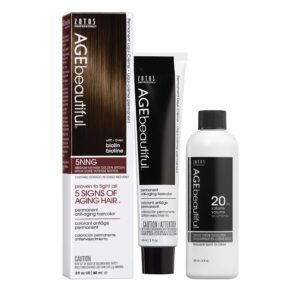 AGE beautiful Permanent Hair Color Dye Liqui Creme & Developer 20 Volume | 100% Gray Coverage | Anti-Aging | Biotin for Thicker, Fuller, Healthier Hair | 5NNG Medium Intense Golden Brown