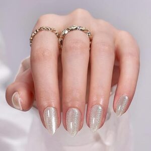Press On Nails Almond – BTArtbox Short Press On Nails, Opaque Reusable Stick On Nails, Glue On Nails with Nail Glue in 15 Sizes – 30 Fake Nails Kit, Gold Glitter Cat Eye