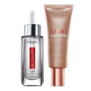 L’Oreal Paris Revitalift 1.5% Pure Hyaluronic Acid Face Serum 1.0 oz + True Match Lumi Glotion Natural Glow Enhancer Lotion, Medium 1.35 fl. oz, 1 kit
