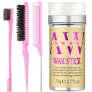 Slick Back Hair Styling Kit for Hair: 4Pcs Wax Stick, Edge Control Brush, Rat Tail Comb & Bristle Brush for Flyaways, Smoothing & Volumizing