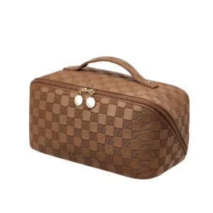 EACHY Travel Makeup Bag, Large Capacity Cosmetic Bags for Women, Waterproof Portable Open Flat Toiletry Bag Make up Bag with Divider and Handle, Gifts for Women (Plaid-Brown, Medium)