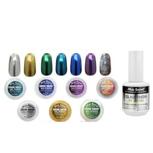 Mia Secret Chrome Mirror Nail Powder Set of 7 pcs Plus 0.5 Glass Finish UV LED Gel> Purple> Green> Blue> Gold> Silver and Aqua (10014)