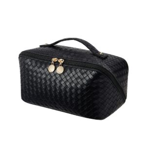 EACHY Travel Makeup Bag, Large Capacity Cosmetic Bags for Women, Waterproof Portable Open Flat Toiletry Bag Make up Bag with Divider and Handle (CB-Black, Medium)