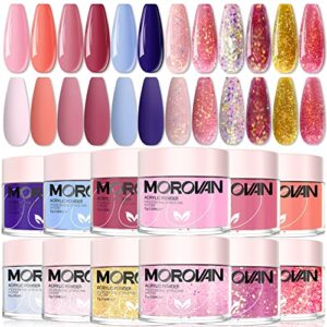 Morovan Acrylic Powder Set – 12 Colors Pure Color and Glitter Professional Polymer Nail Powder for Acrylic Nail Extension Carving