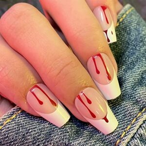 Halloween Press On Nails – BTArtbox Soft Gel Press On Nails Medium, Coffin Glue On Nails with Nail Glue, Supremely Fit & Natural Reusable Stick On Nails in 15 Sizes – 30 Fake Nails Kit, Bloody Vampire