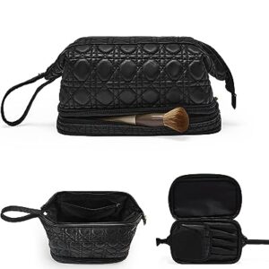 EACHY Makeup Organizer Bag with Bottom Compartment, Large Capacity PU Leather Cosmetic Bag for Women, Waterproof Portable Make Up Brush Bag, Especially for traveling(E-Black,Medium)