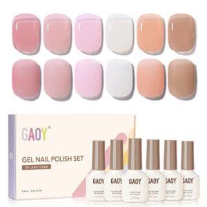 GAOY Jelly Pink Gel Nail Polish Set, 6 Transparent Colors Natural Brown Gel Nail Kit for Nail Art DIY Manicure and Pedicure at Home