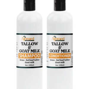 Beef Tallow & Goat Milk Shampoo and Conditioner Set – Handmade Hair Care for Thinning Relief, Sea Moss Shampoo and Conditioner, Thickening Formula for Hair Regrowth (Shampoo & Conditioner 8 Oz)
