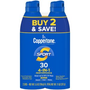 Coppertone Sport SPF 30 Sunscreen Spray, Body Sunscreen, Water Resistant Spray Sunscreen, 5.5 Oz, Pack of 2 (Packaging May Vary)