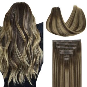 GOO GOO Clip in Hair Extensions Real Human Hair, Remy Human Hair Extensions Clip ins for Women, Natural Human Hair, 14inch 110g 7Pcs, 4/26/4 Balayage Chocolate Brown to Honey Blonde