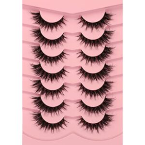 Poolunch False Eyelashes Fluffy Cat Eye Crossed 8D Wispy 15MM Natural Faux Mink Lashes Fake Eyelashes 7 Pairs Pack