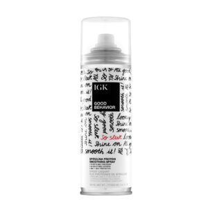 IGK – GOOD BEHAVIOR – Heat Protection Spray for Hair – Anti-Frizz Smoothing Spray with Spirulina Protein – Lightweight Hair Protectant for Heat Like Styling and Shine – 5.6 oz