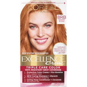 L’Oreal Paris Excellence Creme Permanent Triple Care Hair Color, 8RB Medium Reddish Blonde, Gray Coverage For Up to 8 Weeks, All Hair Types, Pack of 1