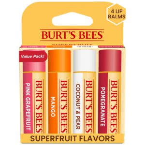 Burt’s Bees Lip Balm – Pink Grapefruit, Mango, Coconut & Pear, and Pomegranate Pack, Lip Moisturizer With Beeswax, Tint-Free, Natural Origin Conditioning Treatment, 4 Tubes, 0.15 oz.