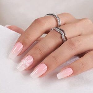 BTArtbox Short Acrylic Press On Nails in 15 Sizes – 30 Reusable Fake Coffin Nails With Glue, Silver Snow