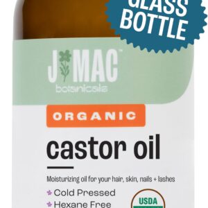J MAC BOTANICALS, Organic Castor Oil Cold Pressed (Glass Bottle, 8 oz) pure unrefined, hexane free for face, skin, eyelashes, pack wraps, pads