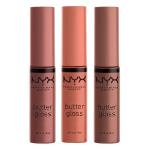 NYX PROFESSIONAL MAKEUP Butter Gloss Brown Sugar, Non-Sticky Lip Gloss – Pack Of 3 (Sugar High, Spiked Toffee, Butterscotch)