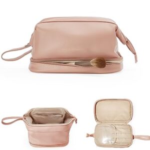 EACHY Makeup Organizer Bag with Bottom Compartment, Large Capacity PU Leather Cosmetic Bag for Women, Waterproof Portable Make Up Brush Bag, Especially for traveling(Pink,Medium)
