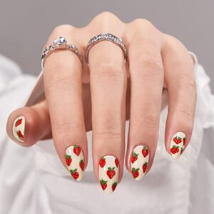 Press On Nails Medium – BTArtbox Almond Fake Nails with Nail Glue, Fit Perfectly & Natural Reusable Opaque Stick On Nails in 12 Sizes – 24 Soft Gel Glue On Nails Kit for Girls, Strawberry