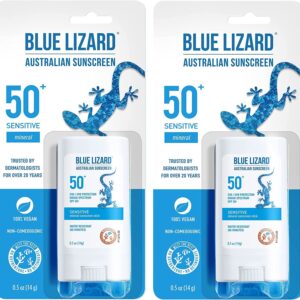 BLUE LIZARD Sensitive Mineral Sunscreen Stick with Zinc Oxide, SPF 50+, Water Resistant, UVA UVB Protection Easy to Apply, Fragrance Free, 0.5 Oz (Pack of 2)