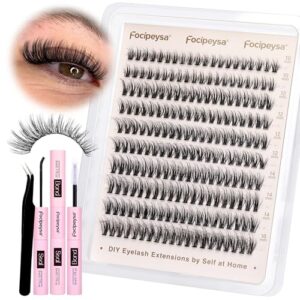 Focipeysa Cluster Eyelash Extensions 40D Eyelash Extension Kit with Lash Bond and Seal Fluffy Thick Lash Clusters Wispy DIY Lash Extension Kit Left Right Lash Extension Clusters CD Curl