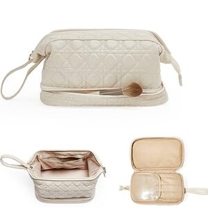 EACHY Makeup Organizer Bag with Bottom Compartment, Large Capacity PU Leather Cosmetic Bag for Women, Waterproof Portable Make Up Brush Bag, Especially for traveling(E-White,Medium)