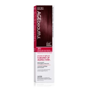 AGE beautiful Permanent Hair Color Dye Liqui Creme | 100% Gray Coverage | Anti-Aging Haircolor | Biotin for Thicker, Fuller Hair | Professional Salon Coloring | 3RV Darkest Red Violet Brown