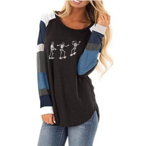 Women’s Halloween Costumes Cute Skeleton Printed Shirt Casual Long Sleeve Loose Fit Tunic Striped Pullover Top Black