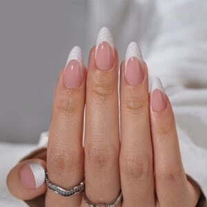 BTArtbox French Tip Press On Nails – Almond Press On Nails Medium with 3D Sculpting French Design, Supremely Fit & Glossy Glue On Nails in 15 Sizes, Pine Tree