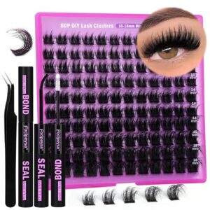Focipeysa Fluffy Eyelash Extension Kit Lash Clusters 80P Lash Extension Kit Individual Eyelash Kit with Bond and Seal Glue, Lash Applicator DIY Cluster Lashes at Home for Beginner (80P 10-18MM)