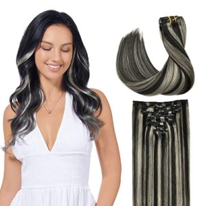 GOO GOO Clip in Hair Extensions Real Human Hair, Remy Human Hair Extensions Clip ins for Women, Natural Human Hair, 18inch 120g 7Pcs, 1B/Grey Natural Black Highlighted Grey