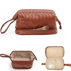 EACHY Makeup Organizer Bag with Bottom Compartment, Large Capacity PU Leather Cosmetic Bag for Women, Waterproof Portable Make Up Brush Bag, Especially for traveling(B-Brown,Medium)