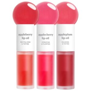 NOONI Vegan Appleseed Lip Oil Set – Appleberry & Applecherry & Appleplum | Long-Lasting, Moisturizing, Plumping, Revitalizing for Dry Lips, Waterproof, No Peel Off, 0.12 FL Oz x 3ea