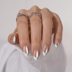 BTArtbox French Tip Press On Nails – Almond Press on Nails Short Fake Nails with Nail Glue, Fit Perfect Stick On Nails in 16 Sizes, Aurora French