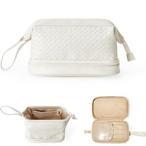 EACHY Makeup Organizer Bag with Bottom Compartment, Large Capacity PU Leather Cosmetic Bag for Women, Waterproof Portable Make Up Brush Bag, Especially for traveling(A-White,Medium)