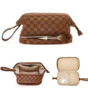 EACHY Makeup Organizer Bag with Bottom Compartment, Large Capacity PU Leather Cosmetic Bag for Women, Waterproof Portable Make Up Brush Bag, Especially for traveling(C-Brown,Medium)