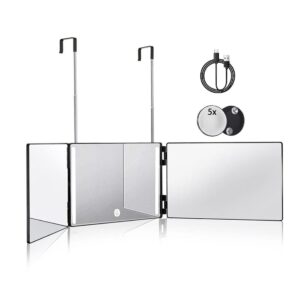 HIEEY 3 Way Mirror for Hair Cutting with LED,360 Trifold with Height Adjustable Telescoping Hooks,and 5X Magnification,for Makeup and Styling (Black)