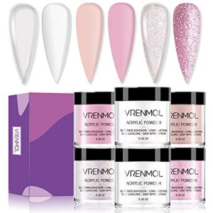 Vrenmol Acrylic Powder Set> 6 Colors Acrylic Nail Powder> Acrylic Powder for Nail Pink Glitter Polymer Acrylic Nail Set for Nail Extension and 3D Nail Art Design No Need Nail Lamp