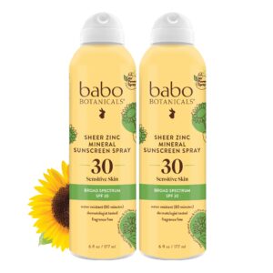 Babo Botanicals Sheer Zinc Continuous Sunscreen Spray SPF30 – Natural Zinc Oxide – Extra Sensitive Skin – Water Resistant – Vegan – Fragrance-Free – Air-Powered Spray – For all ages – 2-Pack