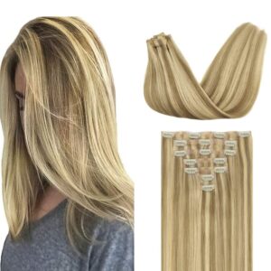 GOO GOO Clip in Hair Extensions Real Human Hair, Remy Human Hair Extensions Clip ins for Women, Natural Human Hair, 14inch 110g 7Pcs, 16/22 Light Blonde Highlighted Golden Blonde