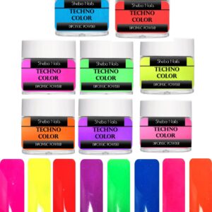 SHEBA NAILS Techno Neon Collection Dip Powder Variety Kit – 8 colors – 1/4oz each – Acrylic Nail Powder 8 Neon Colors Professional Acrylic Powder for Nails Extension DIY Nail Manicure