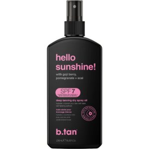 b.tan SPF 7 Tanning Oil | Hello Sunshine – Deep Suntan Dry Spray, Best Outdoor Browning Body Mist, Packed with Moisturizing Goji Berry, Pomegranate + Acai, Austrailian Brand, 8 Fl Oz