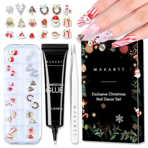 Makartt Christmas Decorations Gift Set Nails Charm Nail Rhinestone Glue Kit 15ml Gel Nail Glue with Christmas Rhinestone Gems 3D Nail Art Decor with Art Tweezer Acrylic Nail Supply for Nail Techs DIY