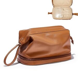 EACHY Makeup Organizer Bag with Bottom Compartment, Large Capacity PU Leather Cosmetic Bag for Women, Waterproof Portable Make Up Brush Bag, Especially for traveling(XXL-Brown,Large)