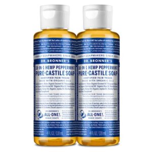Dr. Bronner’s – Pure-Castile Liquid Soap, Made with Organic Oils, 18-in-1 Uses: Face, Body, Hair, Laundry, Pets and Dishes, Concentrated, Vegan, Non-GMO (Peppermint, 4 ounce, 2-Pack)