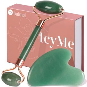 BAIMEI Jade Roller & Gua Sha Set Face Roller and Gua Sha Facial Tools for Skin Care Routine and Puffiness, Self Care Gift for Men Women – Green Aventurine