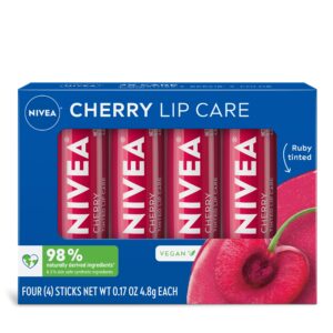 NIVEA Cherry Lip Care, Skin Care Gifts for Mom, Tinted Lip Balm Pack with Shea Butter, Nourishing Oils and Vitamin C & E, 3-in-1 Moisture, Repair and Color, 0.17 Oz Stick, Pack of 4