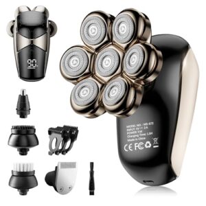 Detachable Head Shavers, SHPAVVER 5 in 1 Electric Razor IPX7 Waterproof for Bald Men, Wet Dry LED Display Rechargeable 7D Rotary Shaver Grooming Kit with Type C Charge A