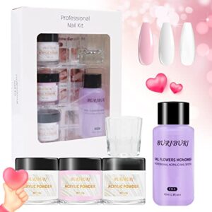 BURIBURI 5Pcs Acrylic Nail Powder Set 3 Colors Clear White Pink for Acrylic Nail Extension Carving Nails Salon No Nail Lamp Needed (SET-01)